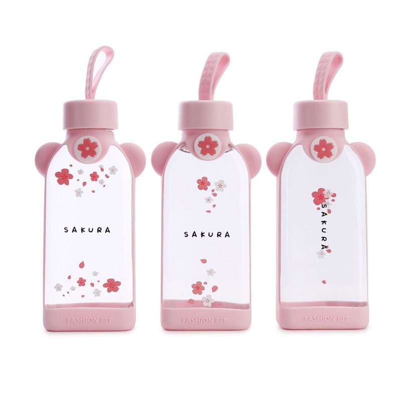 Neue Nette Glas Flasche Kreative Karikatur Rosa Kirschblüte Glas Wasser Tasse Mit Silikon Abdeckung Für Frauen Mädchen Trinken Flaschen