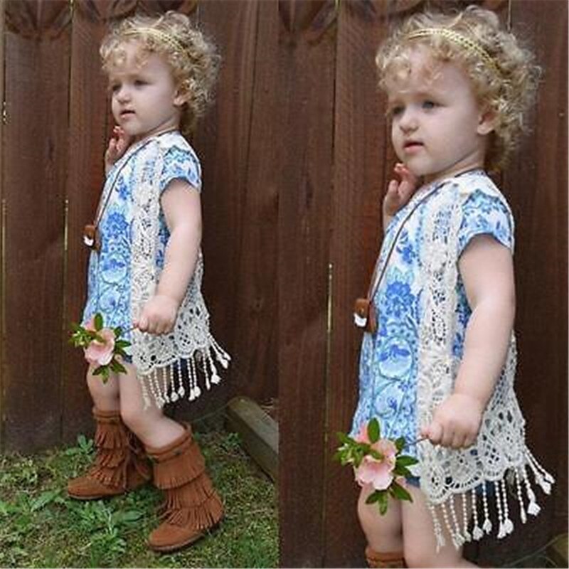 Toddler kid baby pige hæklet blonde hule t-shirt top vest kvast vest