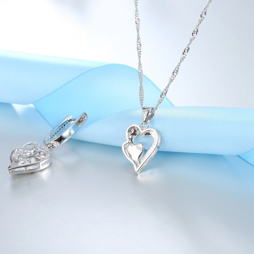 Jewelry Set Luxury Romantic Double Heart Bride Wedding Jewelry Set Lady White Opal Necklace And Earring Sets