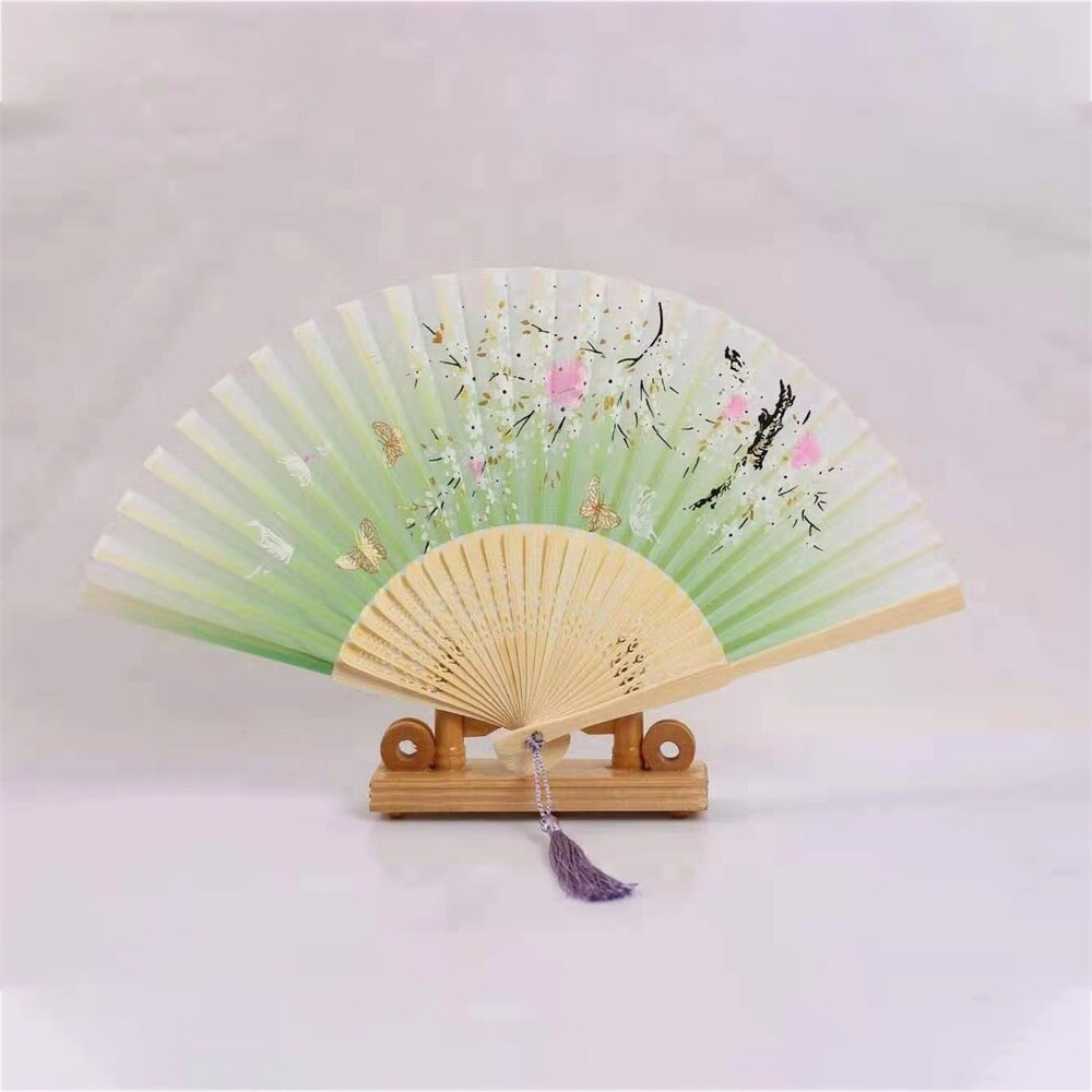 Abanico clásico chino estilo borla baile ventilador abanico hecho a mano abanico de baile accesorios de personajes Unisex de madera ventilador 2021New: green