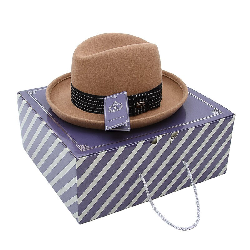 GEMVIE-chapeau Homburg Fedoras pour hommes et femmes, chapeau Gentleman, Style européen rétro, à bord incurvé, couleur unie, en feutre 100% laine: Tan