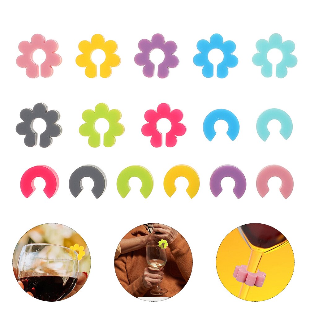 16pcs Glass Charms Tags Silicone Flower Shaped Glass Drink Markers