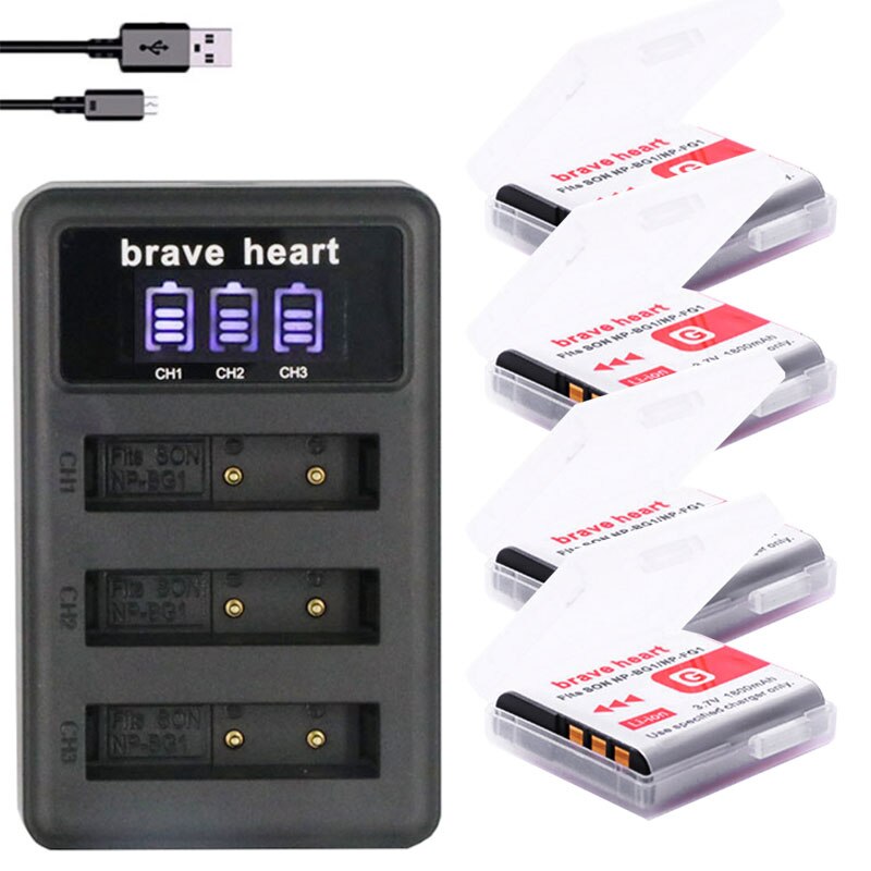 Batería NP-BG1/FG1 NP-BG1 NP BG1 FG1 para SONY, cargador de 3 ranuras, DSC-H3, DSC-H7, DSC-H9, DSC-H10, DSC-H20, DSC-H50: charger and 4battery