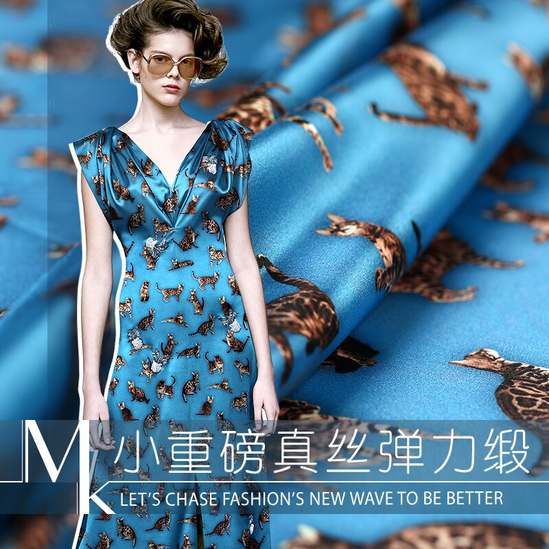 19 Spring Summer Persian cat Digital Print 95%Silk 5%Spandex Charmeuse Fabric For Women Dress 100cm Wide Cloth DIY Sewing