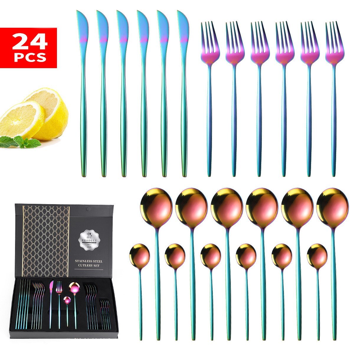 Guld servis set 24 delar gyllene bestick set rostfritt stål servis set bestick silver kniv gaffel sked box set: Regnbåge och låda