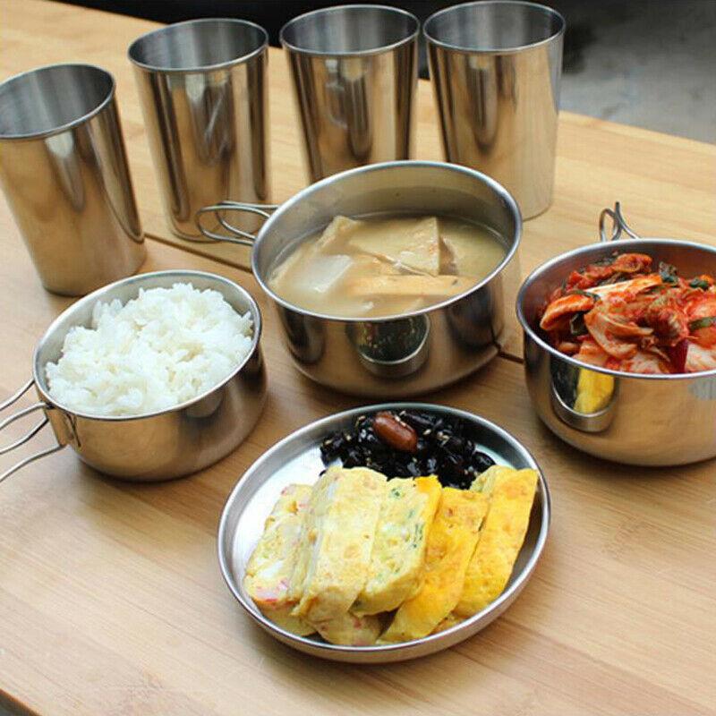 8pcs Outdoor Pan Set Stainless Steel Stacking Pots Hiking Picnic Pot Camping Hiking Cookware Non-Stick Picnic Cooking Bowl Pot