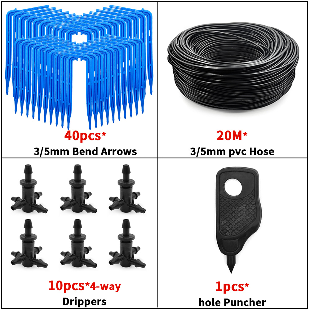 WUJIE-sistema de riego por goteo para jardín bonsái, sistema de riego de 4 vías, 3/5mm, Flecha de goteo, transmisor de 2 vías, juego de 10/20: Multicolor