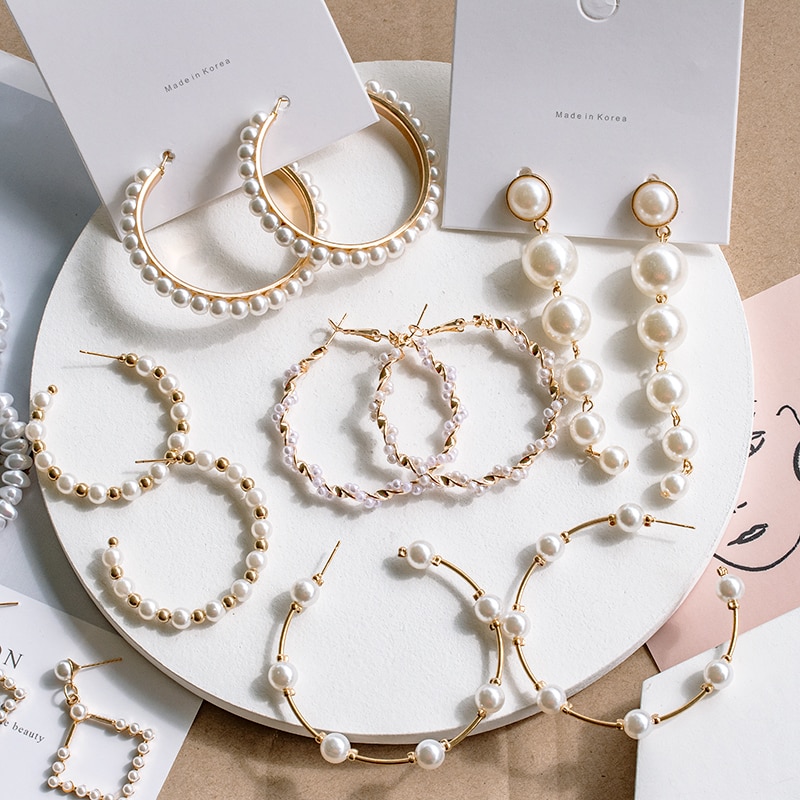Boucles d'oreilles créoles en perles de culture coréennes, couleur or, simples, en forme de grand cercle, pour femmes, bijoux de mariage