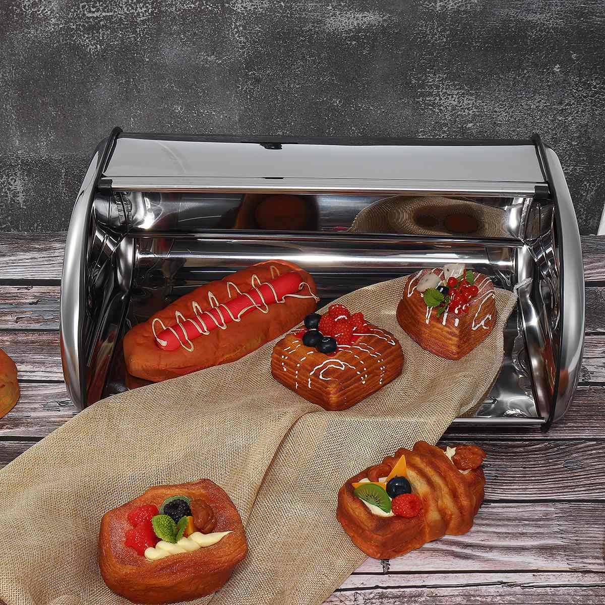 Roll Top Stainless Steel Bread Box Storage Bin Food Storage Container Kitchen Pastry Bread Holder with Visibility Window