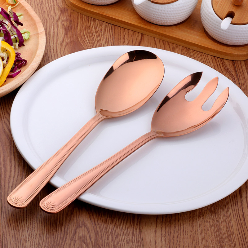Big Salad Spoon Fork Set Stainless Steel Kitchen Food Server Pasta Utensils Public Gold Tableware Using Buffet Restaurant Tools