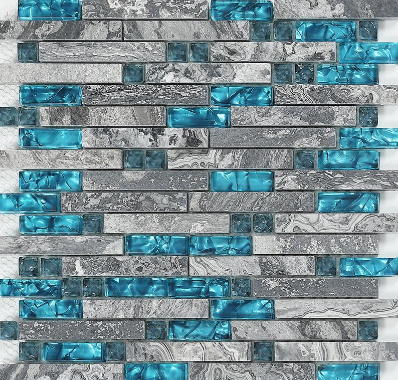 Interlocking Gray Marble Stone Blue Glass Mosaic Kitchen Backsplash Tile Bathroom Wall Tiles SGMT026