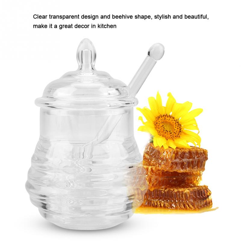 245ml gennemsigtige bikubeformet glas honningkrukke med dryppepind til opbevaring og dispensering af honning