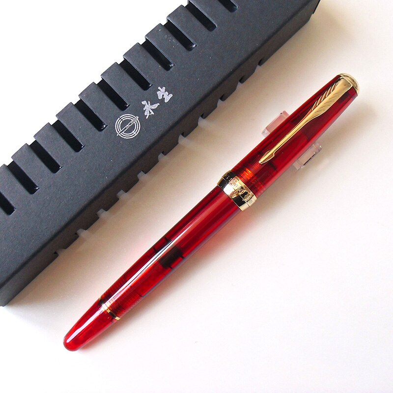 Wing Sung 618 Classic Fountain Pen Piston Transparent Authentic Iridium Fine 0.5mm Outstanding Ink Pen Writing Set: Red-Golden Clip