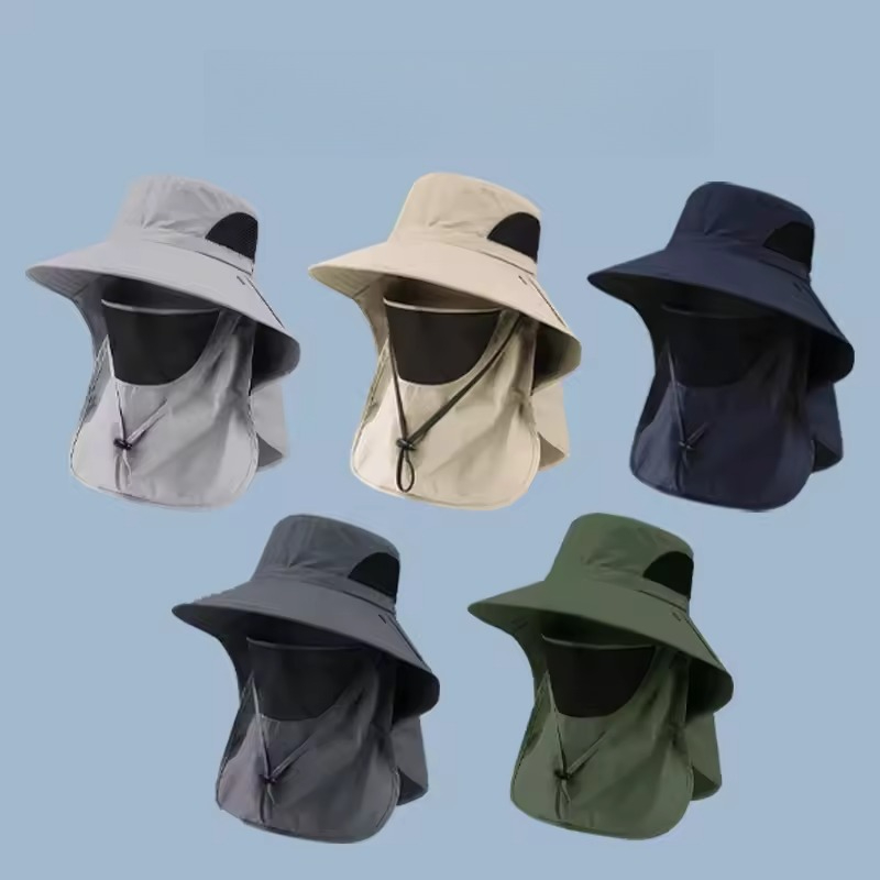 Sommer-Sonnenhüte mit breiter Krempe, mit Gesichtsmaske und Nackenklappe, 360-Grad-Sonnenschutz, Fischerkappe, draussen, Angeln, Radfahren, Eimerhut