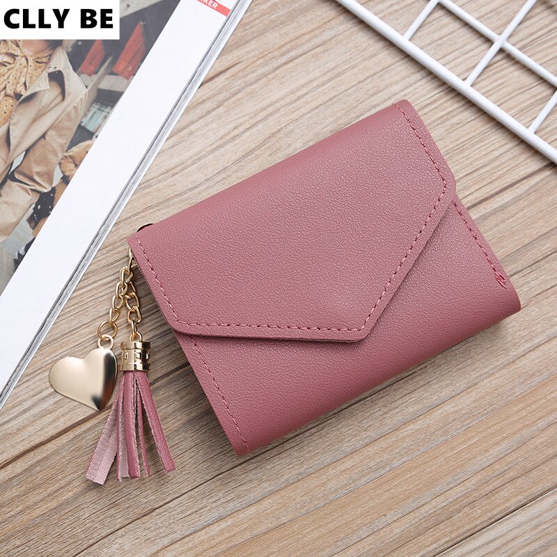 Women Wallet Cute Student Tassel Heart Pendant Short Wallet Small PU Wallet Coin Purse Ladies Card Bag For Women