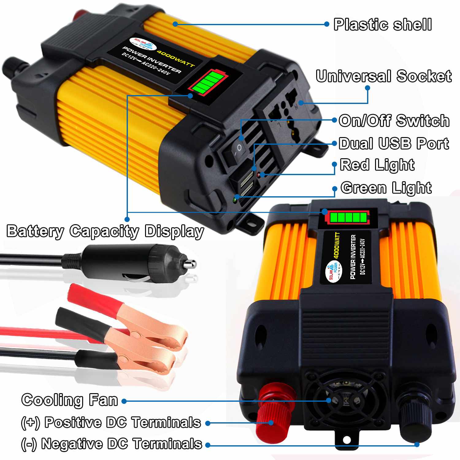 Transformador de voltaje de 1000W 12V a 110/220V, inversor de potencia de ondas sinusoidales modificado cc 12v a AC 110V/220V convertidor + 2 USB