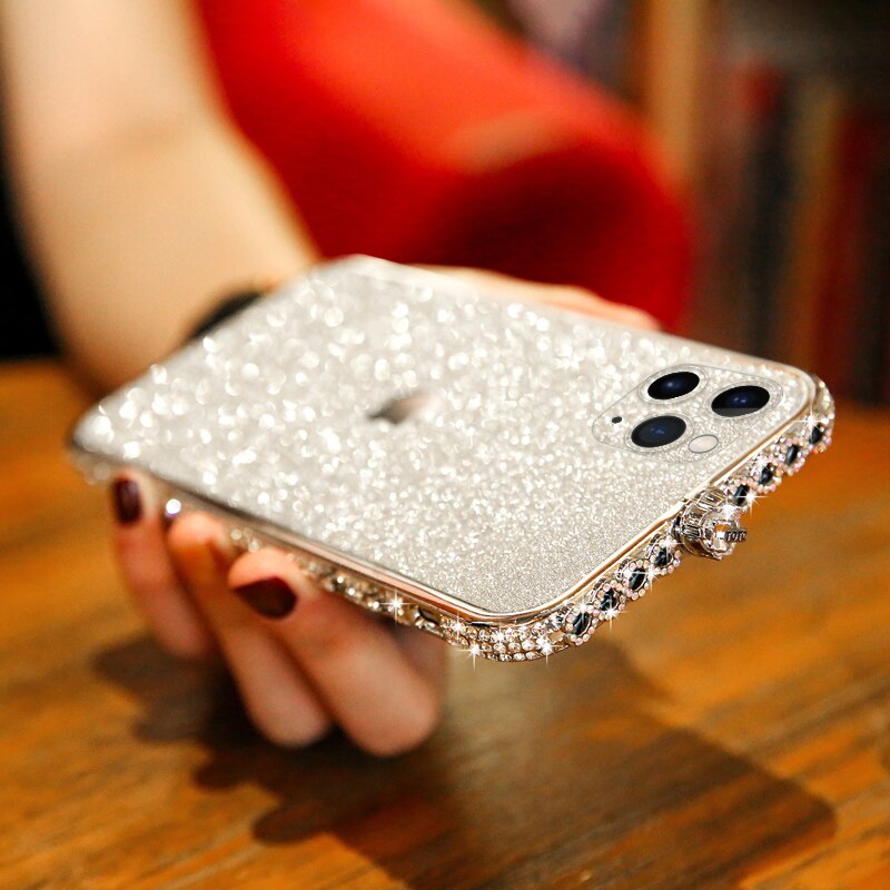 Luxe Bling Diamant Pare-chocs En Métal sur iPhone 11 Pro Max XS XR 6S Plus 7 8 Plus Paillettes Bâton Couverture Fille Femmes Étui Strass: For iPhone X XS / silver