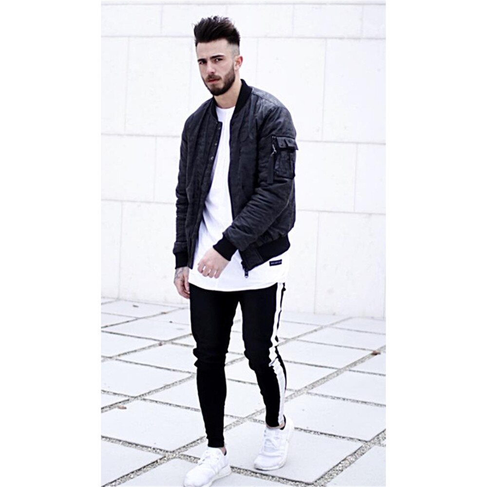 Men denim ripped hole Jeans side striped line Jeans Hip hop Skinny pencil Jeans For Men stretch ankle zipper black jeans