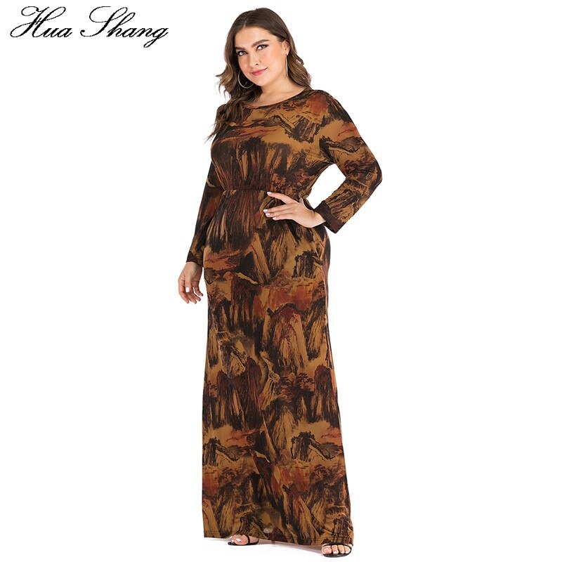 6XL Plus Größe Abayas Muslimischen Kleid Frauen Herbst Winter Langarm retro Druck Jahrgang max Lange Kleider Dubai Islamische Kleidung