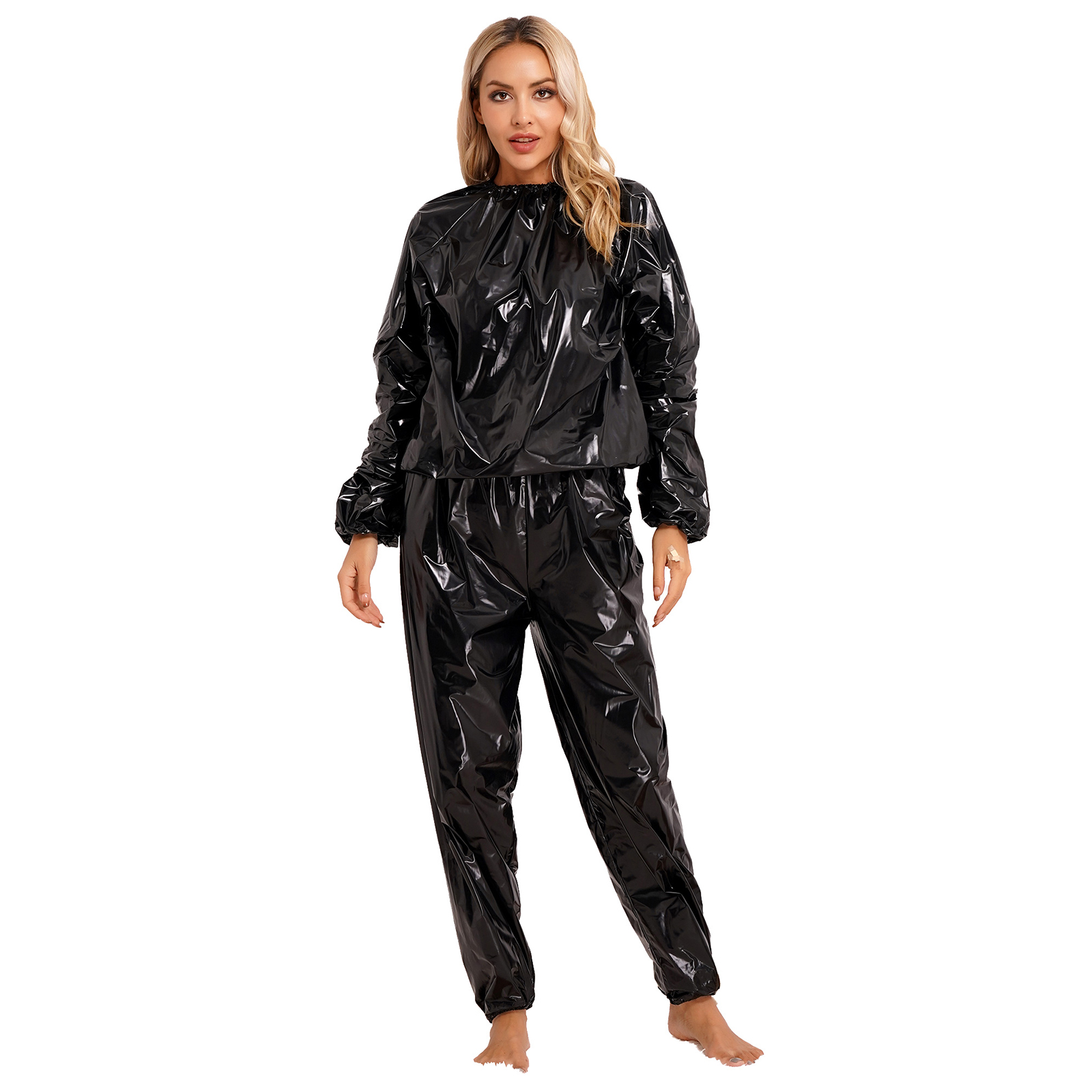 2 stk. dame saunadragt pvc langærmet elastisk manchet top bukser sæt fitness gym træningstøj joggingtøj til voksne tøjsæt: 4xl / Sort