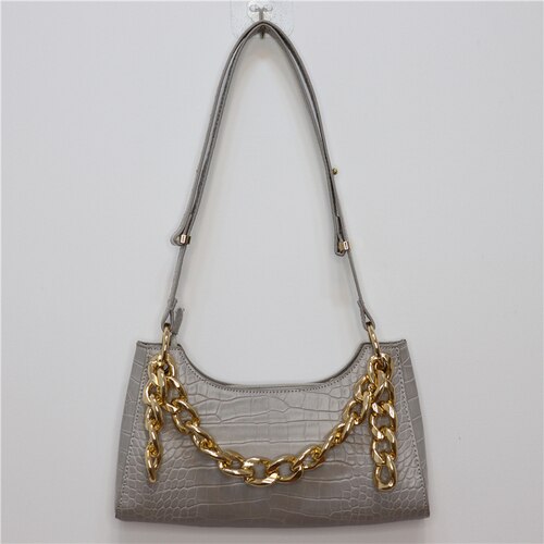 Bag Female Spring and Summer Crocodile Baguette Shape Bag France Small Shoulder Bag Underarm Handbag: silver