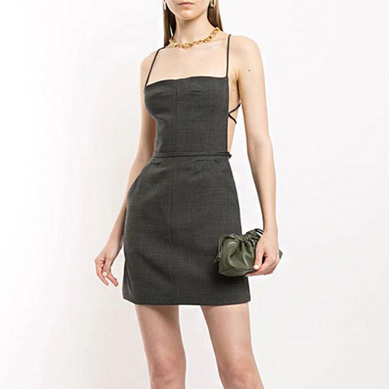 TWOTWINSTYLE vestidos elegantes para mujer cuello cuadrado sin mangas Correa espagueti espalda descubierta encaje hasta Bownot verano vestido mujeres marea: short / S