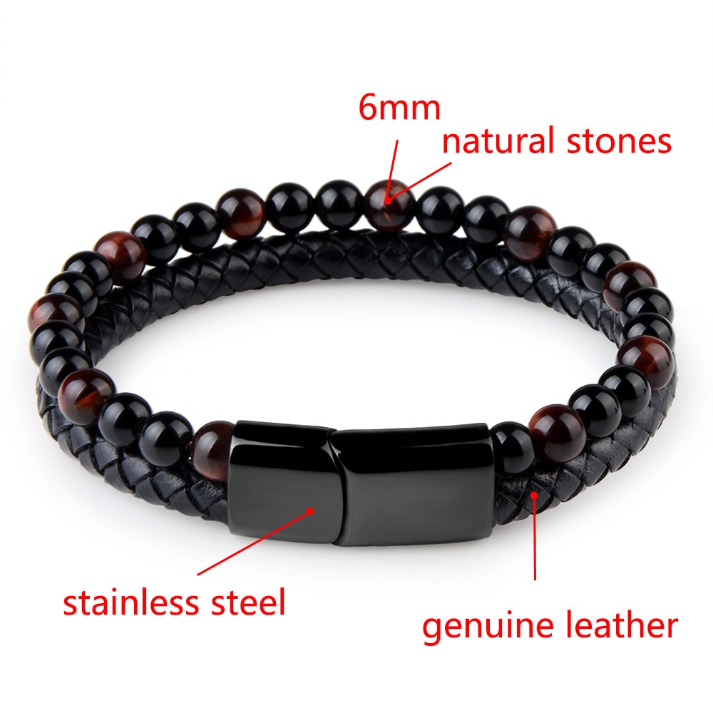 Natural Stone + Leather Men Bracelet Business Jewelry Bead Bracelet for Stainless Steel Magnetic Mature Boy Accessories