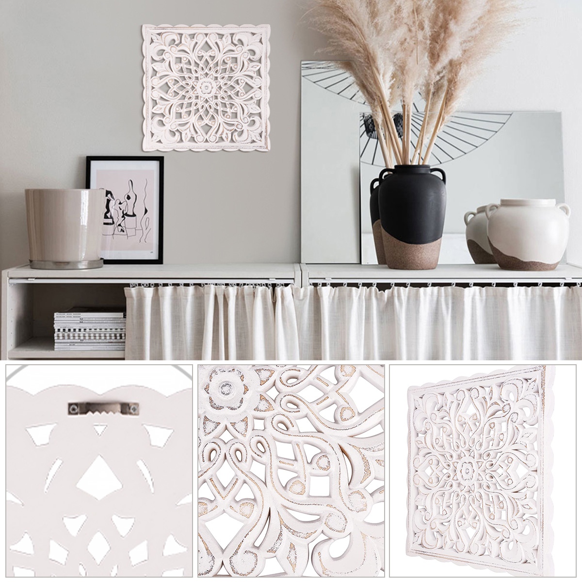 Nordic Houten Bloemen Holle Gesneden Wanddecoratie Muurstickers Opknoping Decor Rustieke Muur Kunst Sculptuur Thuis Ornament voor Kamer