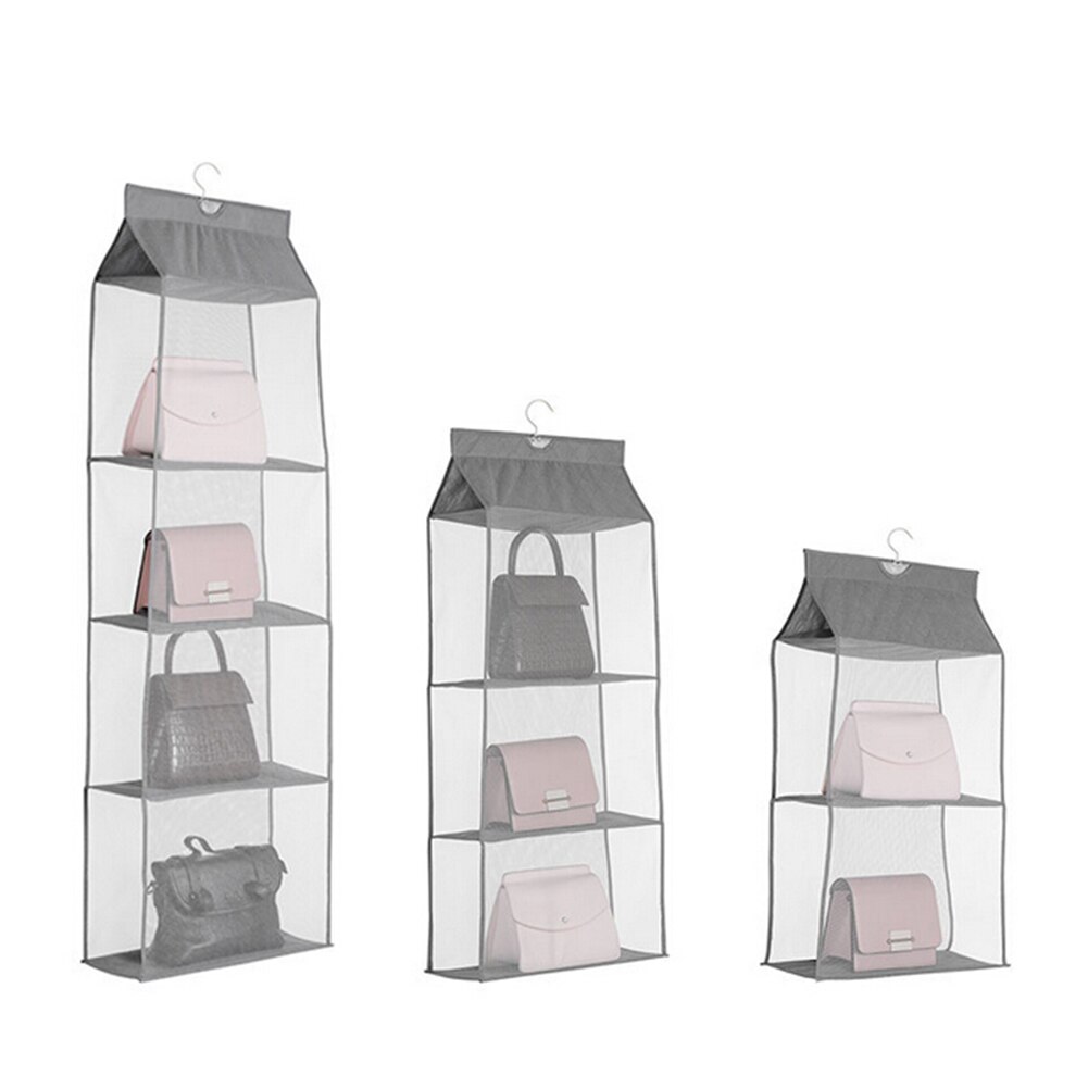 2/3/4 Compartments Handbag Organizer Hanging Storage Holder with Hook Foldable Dust Shield: Gray / M