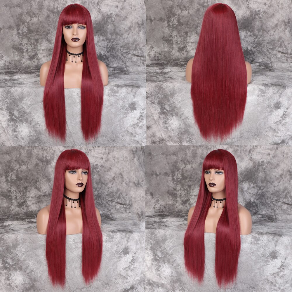 Gestempelt herrlich 30 zoll Gerade Lange Perücke rot Perücke Mit Pony Wärme Beständig Faser Synthetische Perücken für Schwarze Frauen: rot