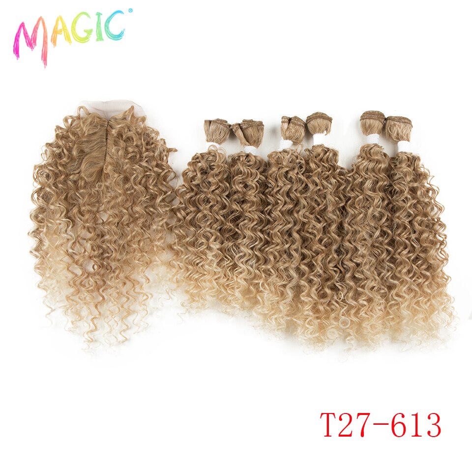 Magic Synthetic Afro Kinky Curly Hair Weave Hair 16-20 inch 7Pieces/lot Bundles With Closure African lace For Women hair Extens: P4/27