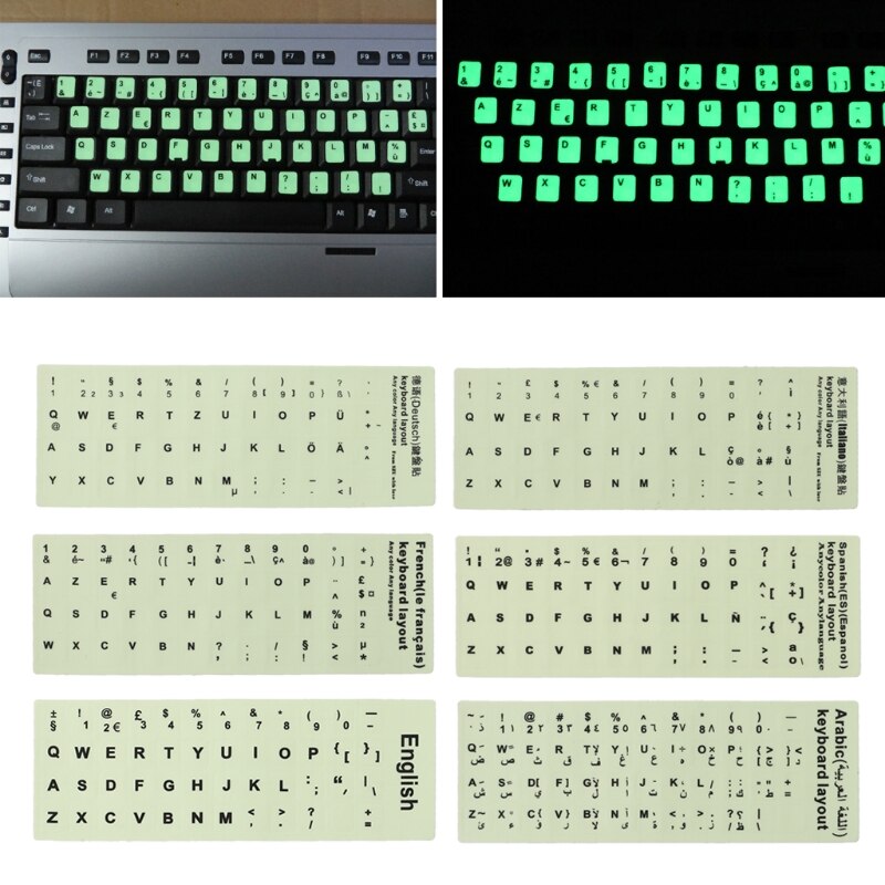 Självlysande vattentäta tangentbordsklistermärken fluorescerande tangentbordsklistermärken skyddsfilmlayout med knappbokstäver för engelsk nyckel