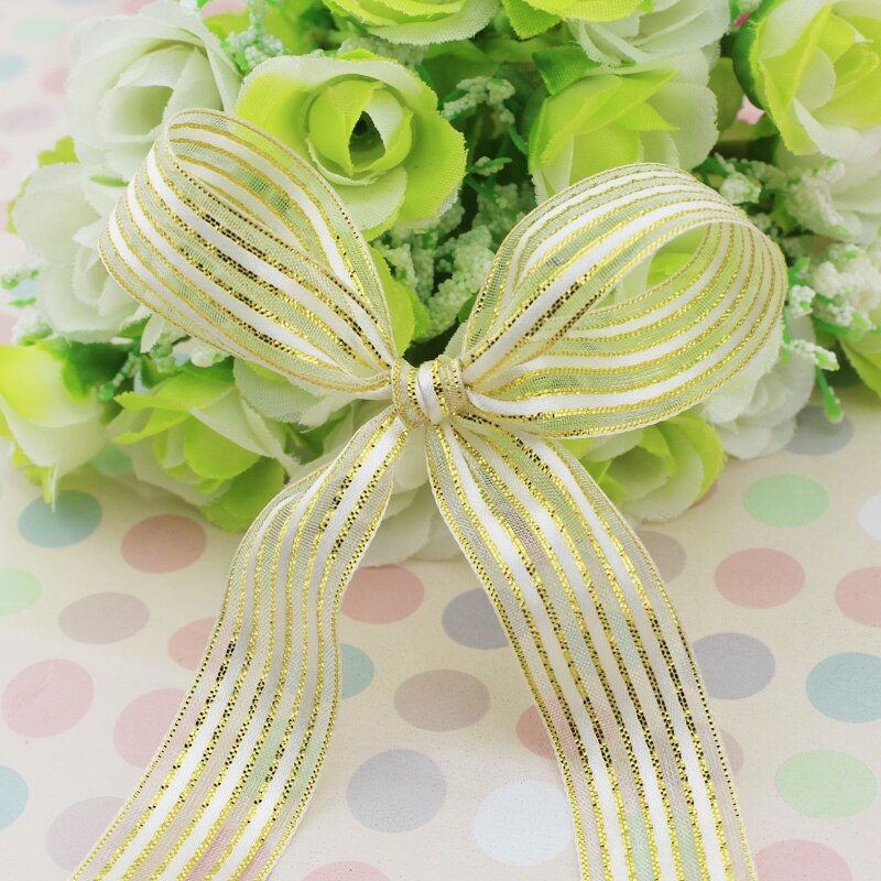 (25 yards/roll) 15mm White gold stripe packaging ribbon wedding shiny ribbons