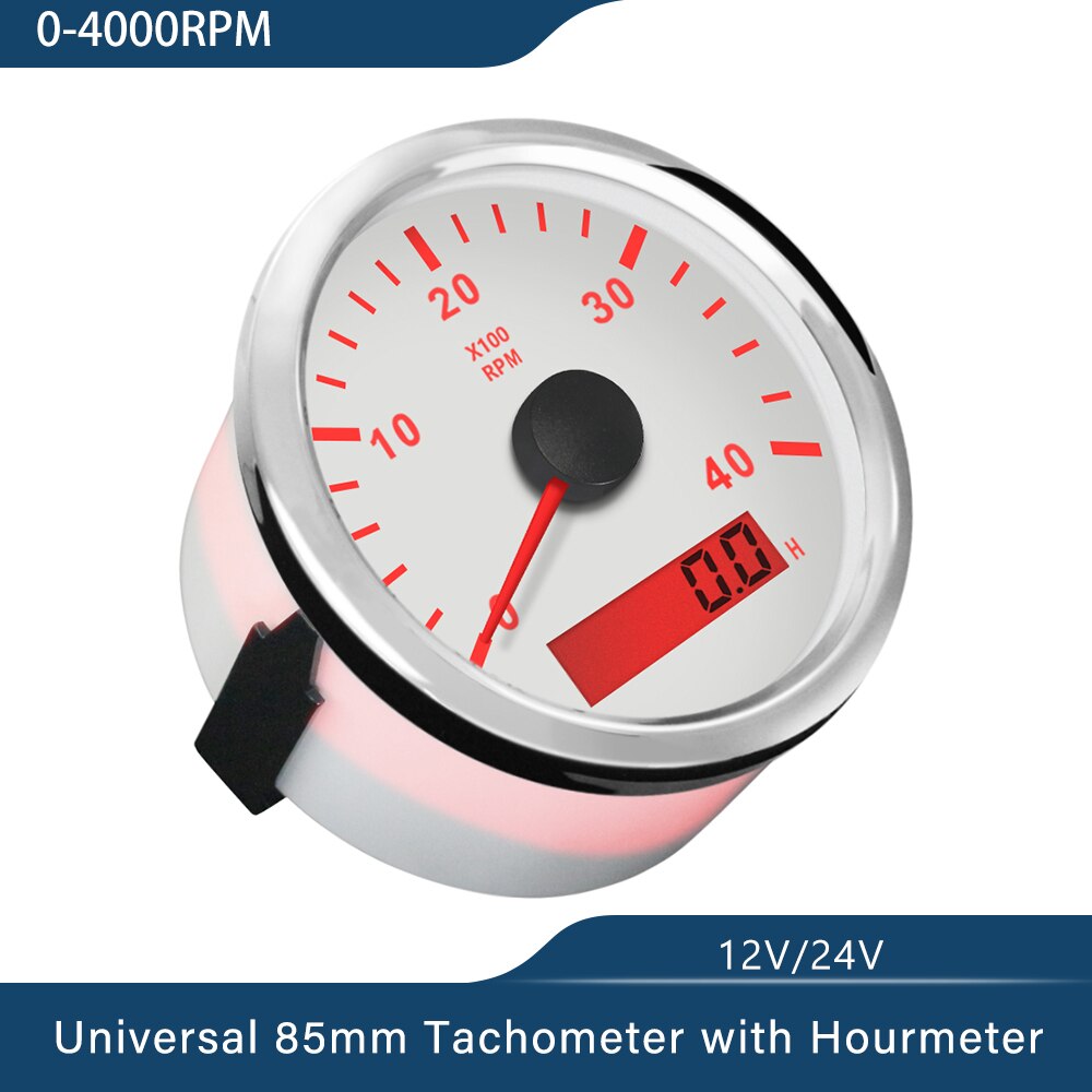 Waterproof 85mm Generator Tachometer RPM REV Counter 0-3000RPM with LED Hourmeter 12V/24V with Red Backlight
