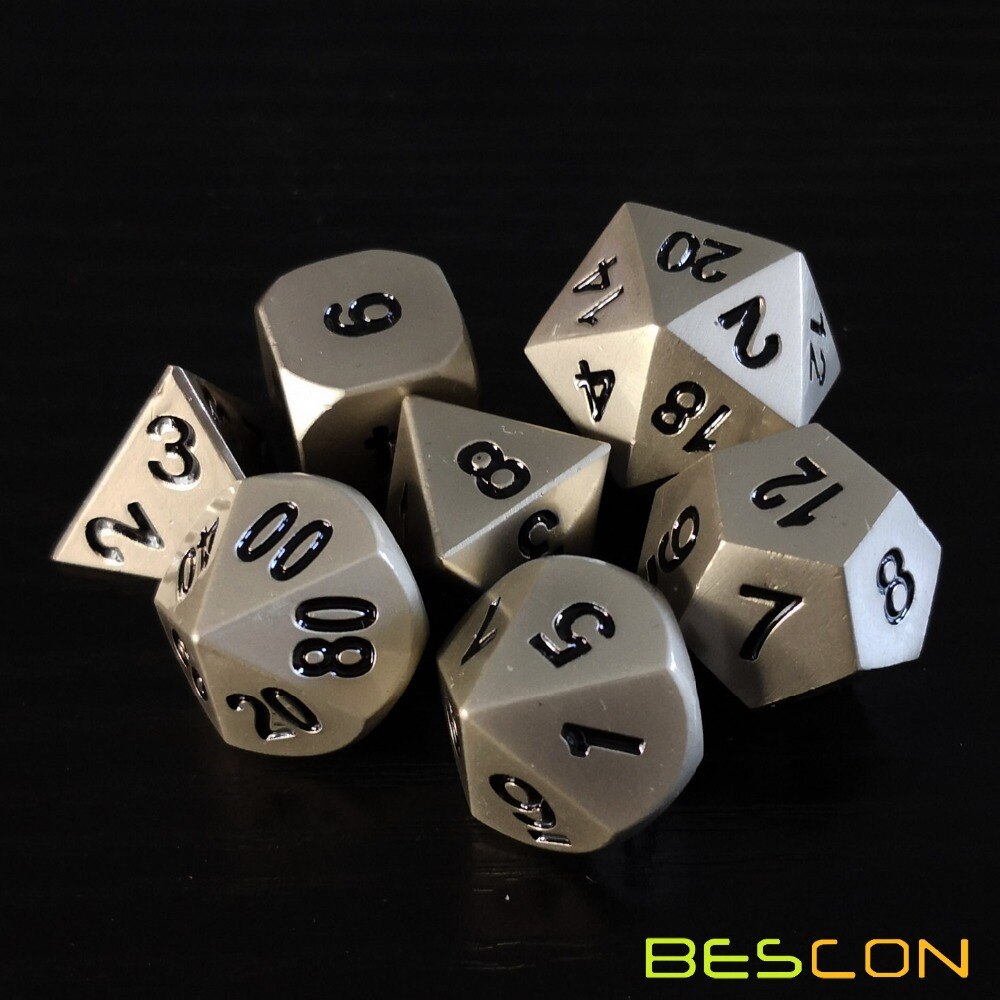 Bescon Heavy Duty Solid Metal Dice Set Nickle Finish, Metallic Polyhedral D&D RPG Game Dice 7pcs Set