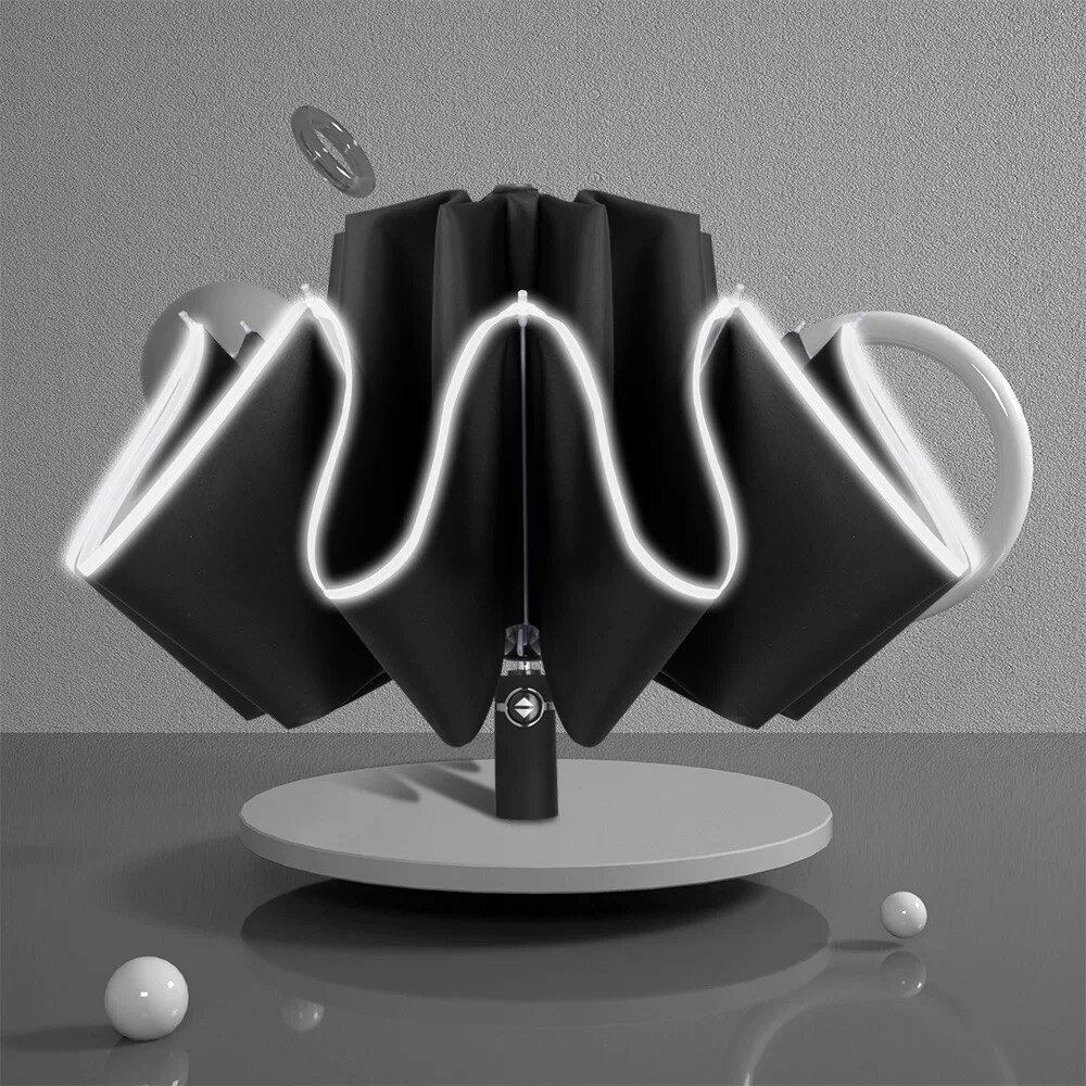 Umbrella Women's Automatic Umbrella Male LED Automatic With Reflective Stripe 3-Folding Inverted 10 Ribs UV Umbrellas: Automatic-black