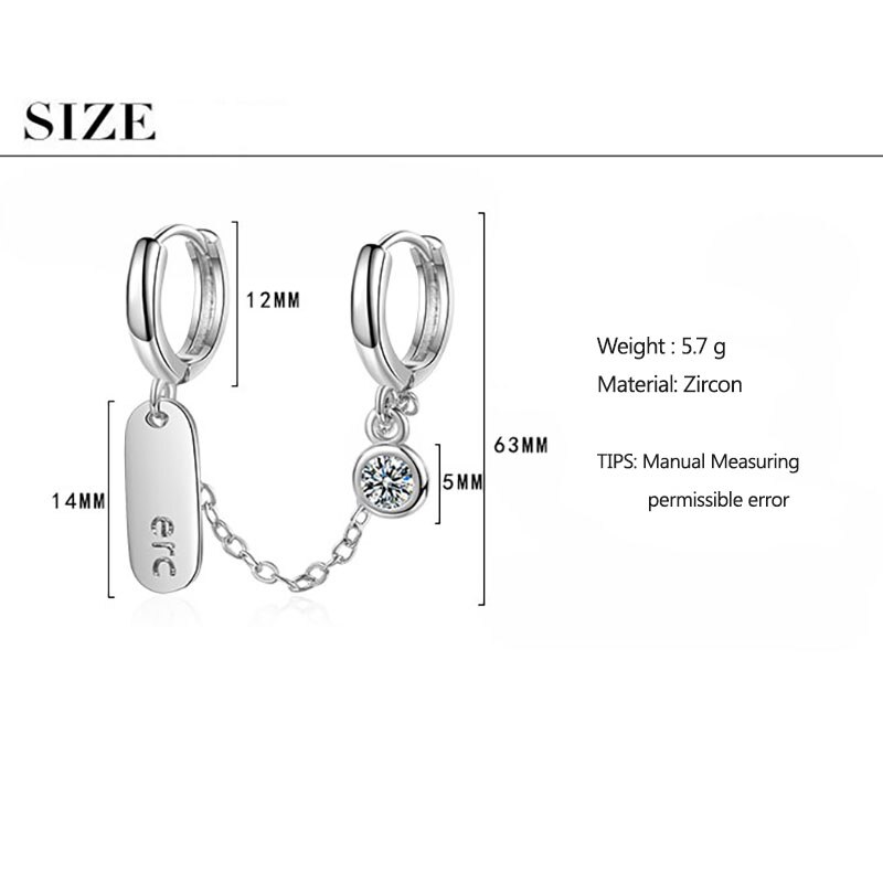 1 PC Double Ear Hole Hoop Earring Oval-shaped Link Chian Zircon Earring For Women Party Jewelry S-E1057