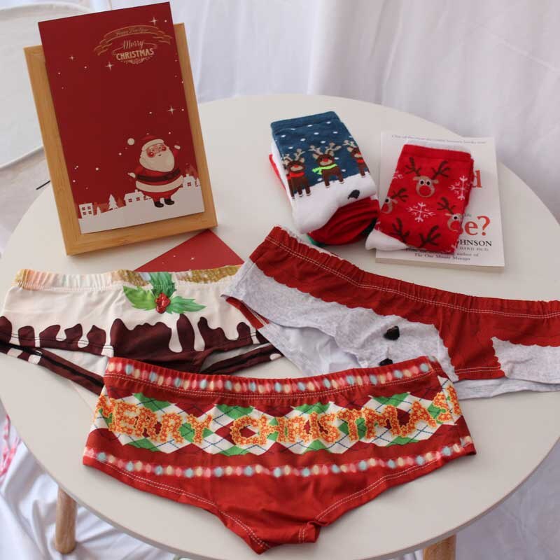 SP&CITY 3pcs Chritsmas Women Underwear Year Ekl Print Cute Cotton Panties Snow Patterned Seamless Briefs Lingerie: E