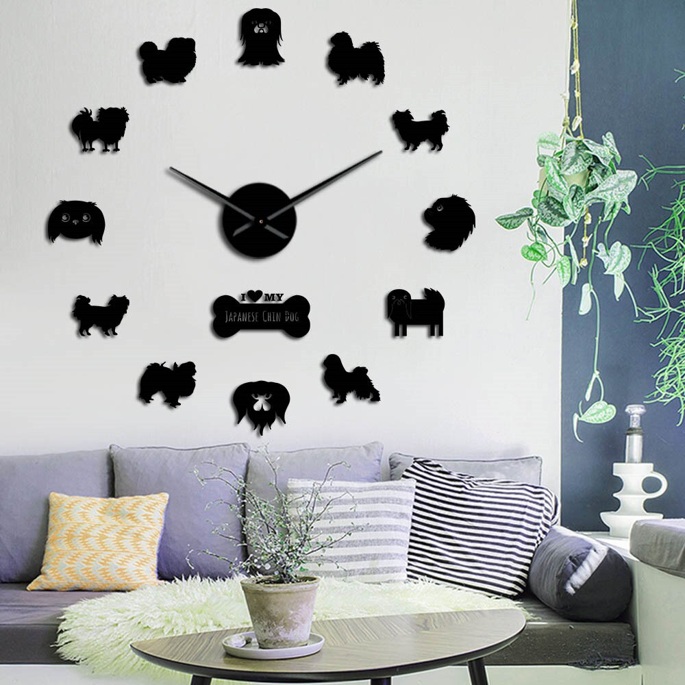 Japanese Chin Dog Breed Portrait DIY Large Wall Clock Frameless Puppy Acrylic Mirror Surface Sticker Giant Wall Watch Home Decor