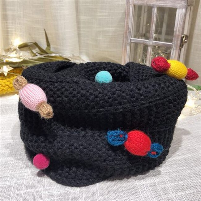 Höst vinter pojkar tjejer halsduk baby barn halskrage färgglad pompom godis halsduk varm tjock stickad ull barn o ring halsdukar: Svart