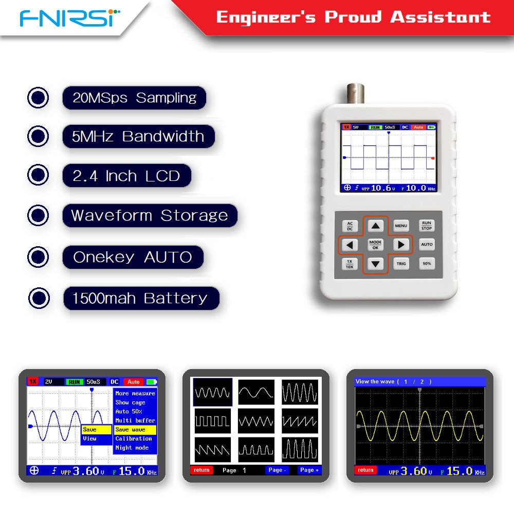 Mini oscilloscope numérique portable DSO FNIRSI PRO, 5M de largeur de bande, taux d'échantillonnage de 20MSps avec sonde standard BNC P6020