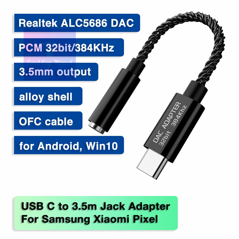 Hi Res-Adaptador USB tipo C HiFi a Jack de 3,5mm, amplificador de Audio DAC Realtek de 32 bits para auriculares OnePlus, Samsung S20 Pixel, Xiaomi Win10 PC