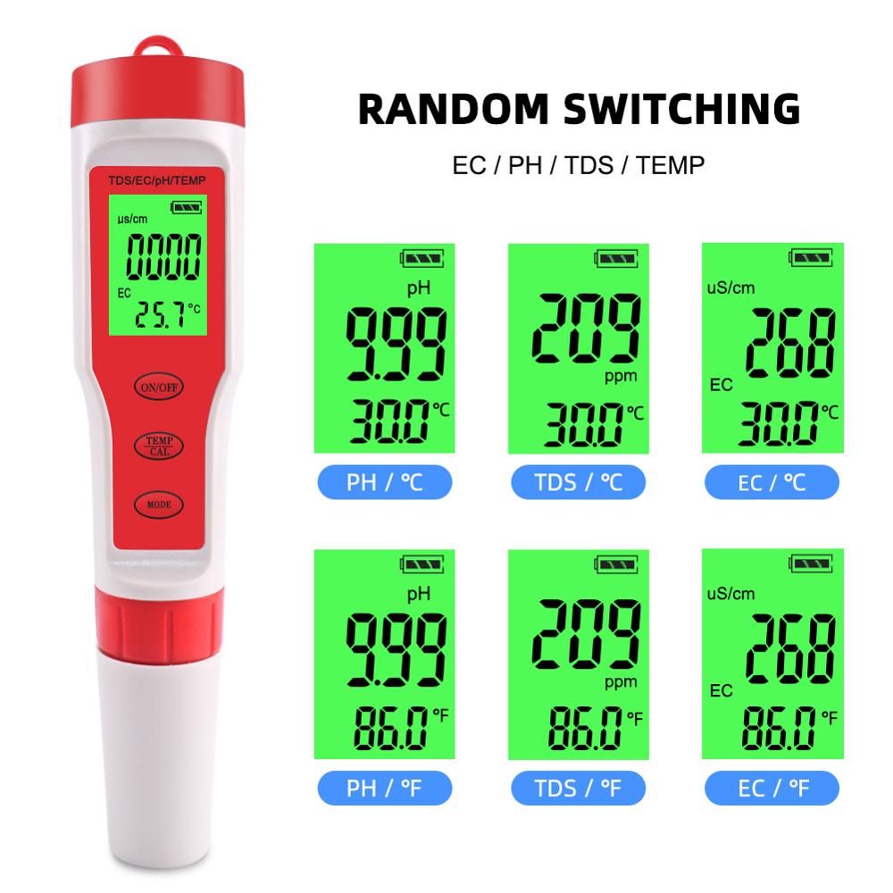 Yieryi 4 in 1 PH/TDS/EC/Temperature Meter PH Tester Digital Water Monitor Tester for Pools, Drinking Water, Aquariums