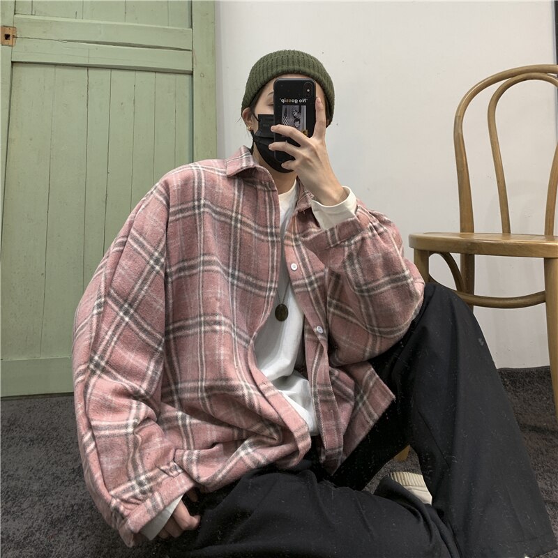 Camisa de tela gruesa con estampado de celosía para hombre, ropa de manga larga holgada, abrigo de Color caqui/rosa, M-XL,