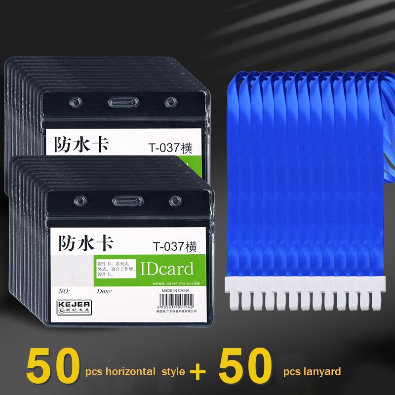 Work Card Soft Pvc Card Holder Waterproof Badge Protective Sleeve Company Work Certificate Card Sleeve Lanyard Office Supplies: 50pcs horizontal set