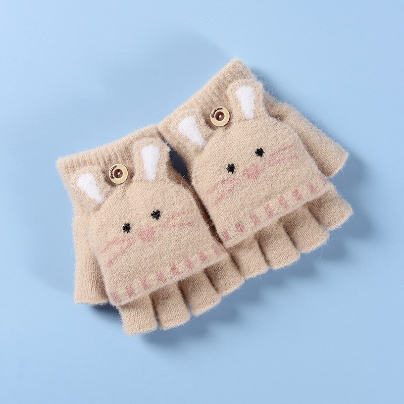 Gants doux tricotés avec des animaux de dessin animé pour bébés, pour filles et garçons, à rabat, mitaines chaudes sans doigts pour enfants, automne et hiver: Khaki