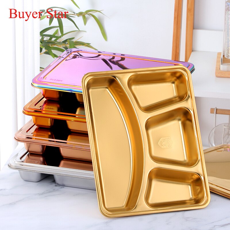 Stainless Steel Divided Dinner Tray With Steel Lid Lunch Container Food Plate for School Canteen Restaurant Buffet Tableware