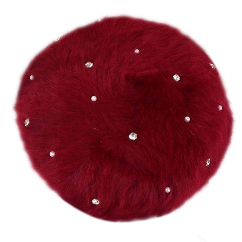 Vrouwen winter zachte pluche baret pet met strass parel kralen schilder muts  j78e