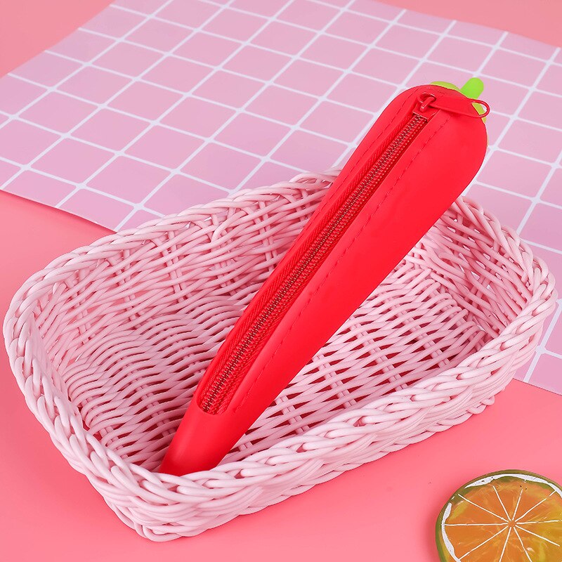 Eggplant Bean Pod Shaped Pen Case Silicone Pencil Bag Students Pencil Bag Primary Secondary School Stationery Kawaii Pencil Case: Red Carrot