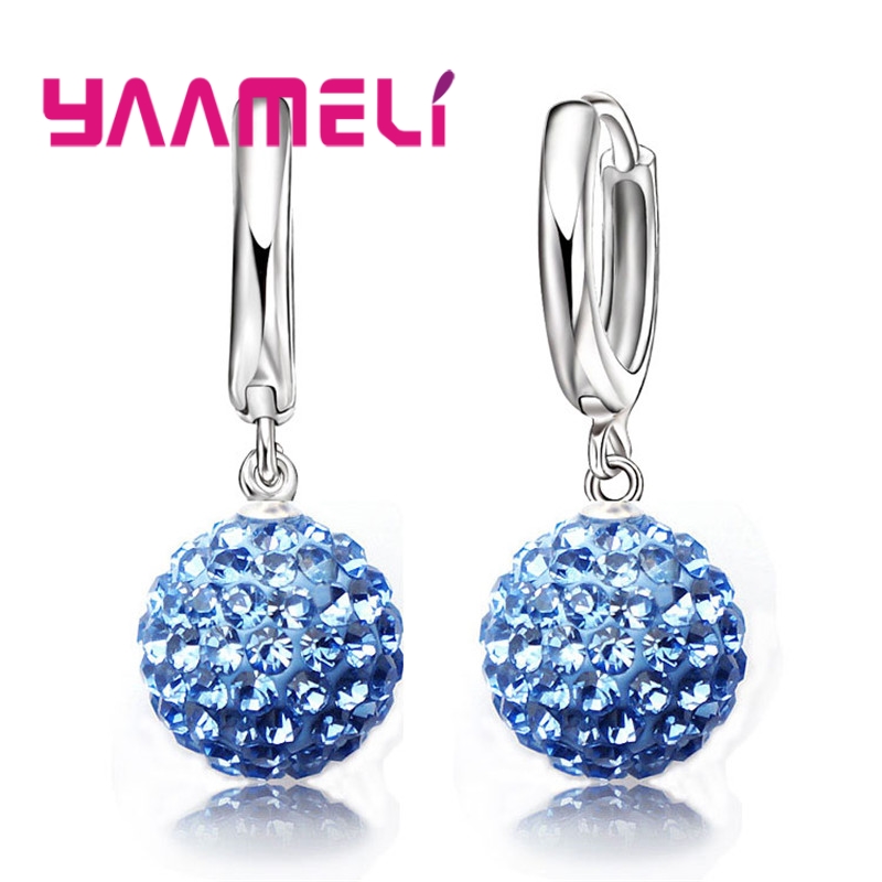 Pendientes de plata esterlina 925 para mujer y niña, aretes de cristal austriaco con bola de discoteca, aro con palanca trasera, joyería Huggie,
